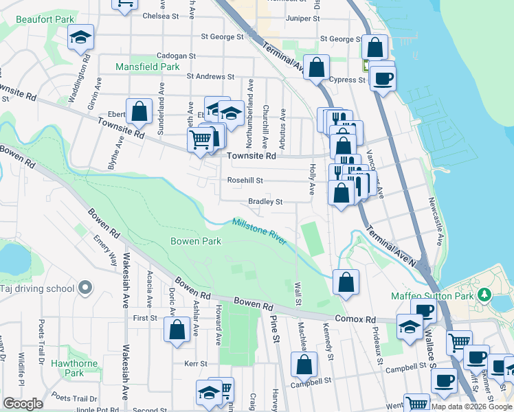 map of restaurants, bars, coffee shops, grocery stores, and more near 571 Bradley Street in Nanaimo