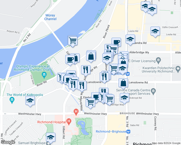 map of restaurants, bars, coffee shops, grocery stores, and more near 7708 Alderbridge Way in Richmond