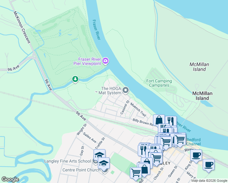 map of restaurants, bars, coffee shops, grocery stores, and more near 9480 Waska Street in Langley Township