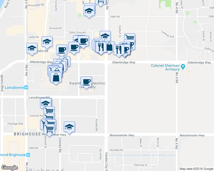 map of restaurants, bars, coffee shops, grocery stores, and more near 5204 Garden City Road in Richmond