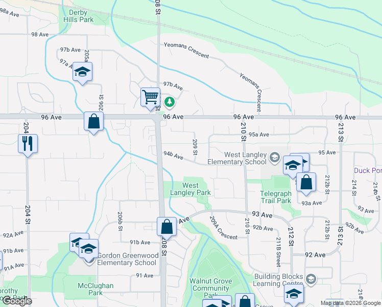 map of restaurants, bars, coffee shops, grocery stores, and more near 9477 209 Street in Langley Township