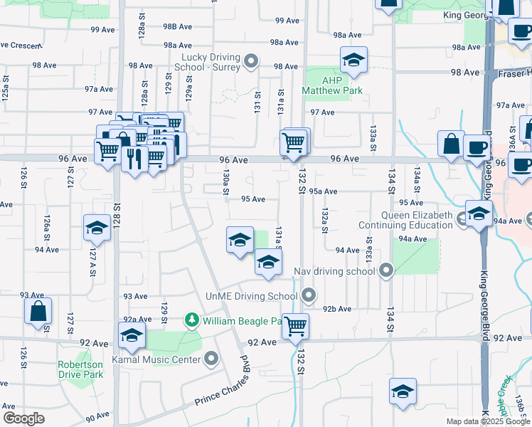 map of restaurants, bars, coffee shops, grocery stores, and more near 13125 Balloch Drive in Surrey