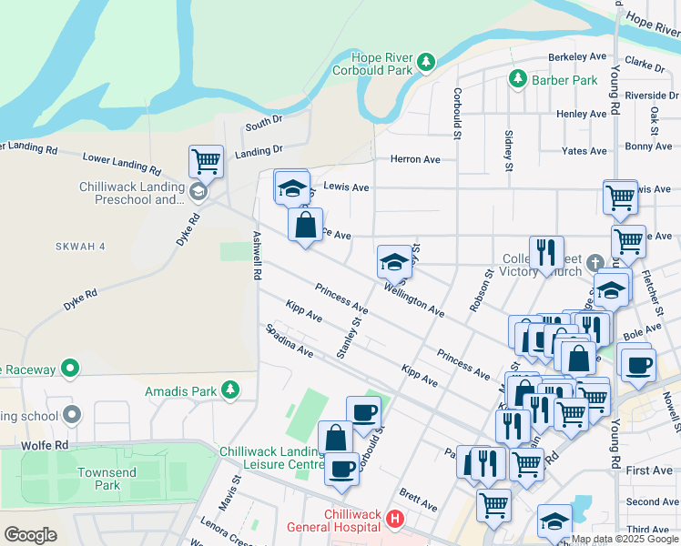 map of restaurants, bars, coffee shops, grocery stores, and more near 45498 Wellington Avenue in Chilliwack