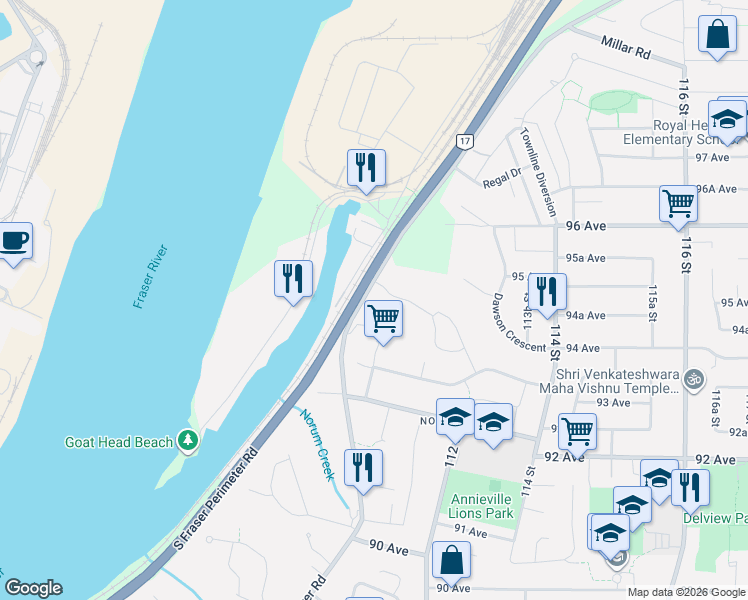 map of restaurants, bars, coffee shops, grocery stores, and more near 11142 River Road in Delta