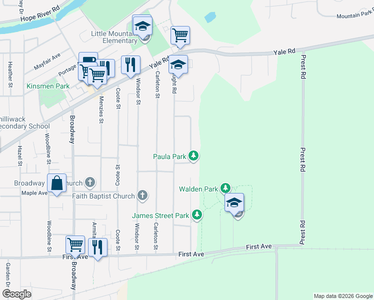 map of restaurants, bars, coffee shops, grocery stores, and more near 9521 Paula Crescent in Chilliwack