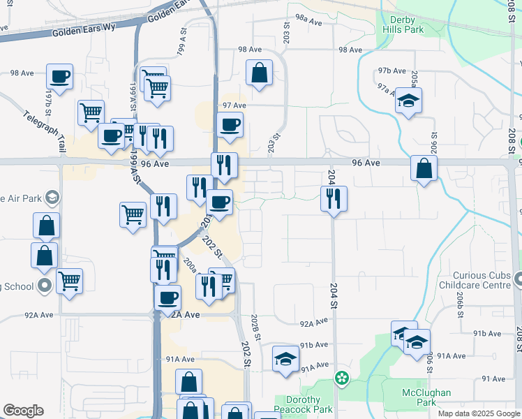 map of restaurants, bars, coffee shops, grocery stores, and more near 203 Street in Langley Township