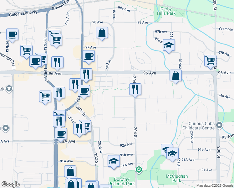 map of restaurants, bars, coffee shops, grocery stores, and more near 20315 94B Avenue in Langley Township