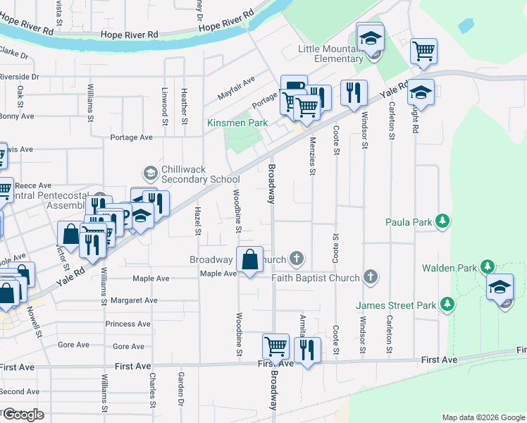 map of restaurants, bars, coffee shops, grocery stores, and more near 9533 Broadway in Chilliwack