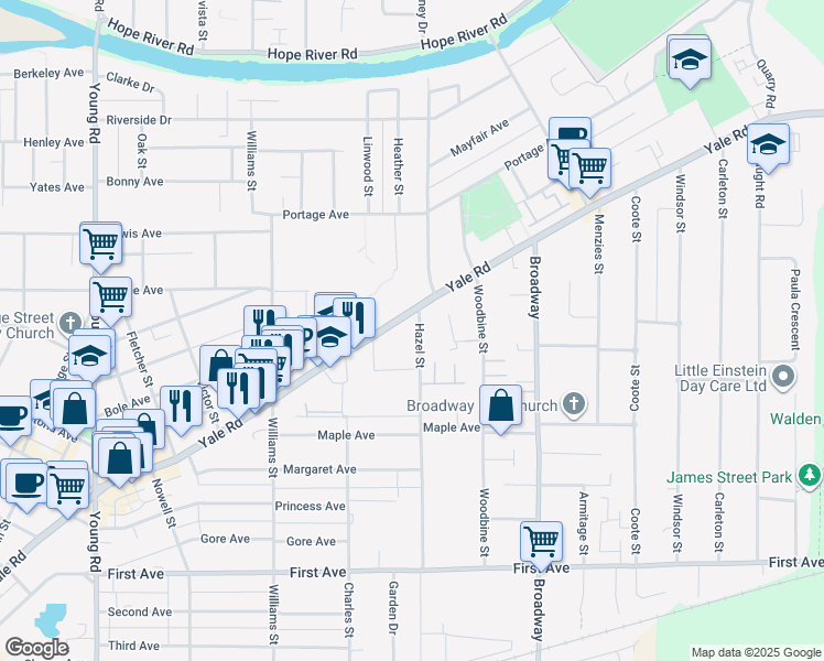 map of restaurants, bars, coffee shops, grocery stores, and more near 46384 Yale Road in Chilliwack