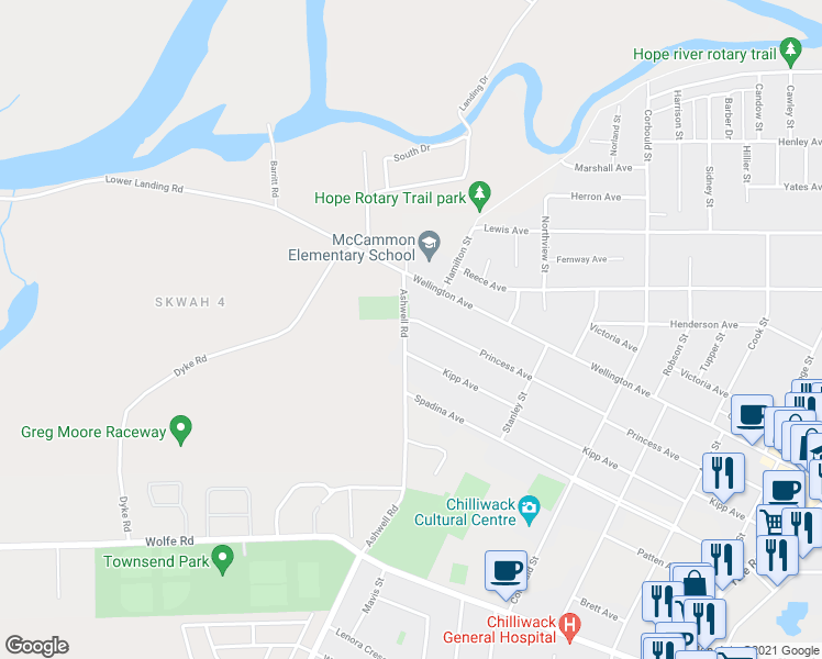 map of restaurants, bars, coffee shops, grocery stores, and more near 45378 Princess Avenue in Chilliwack