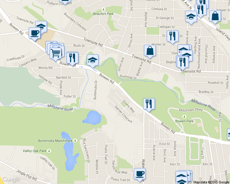 map of restaurants, bars, coffee shops, grocery stores, and more near 284 Emery Way in Nanaimo