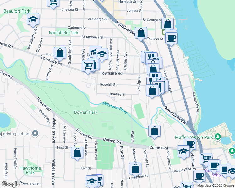 map of restaurants, bars, coffee shops, grocery stores, and more near 564 Pythian Lane in Nanaimo