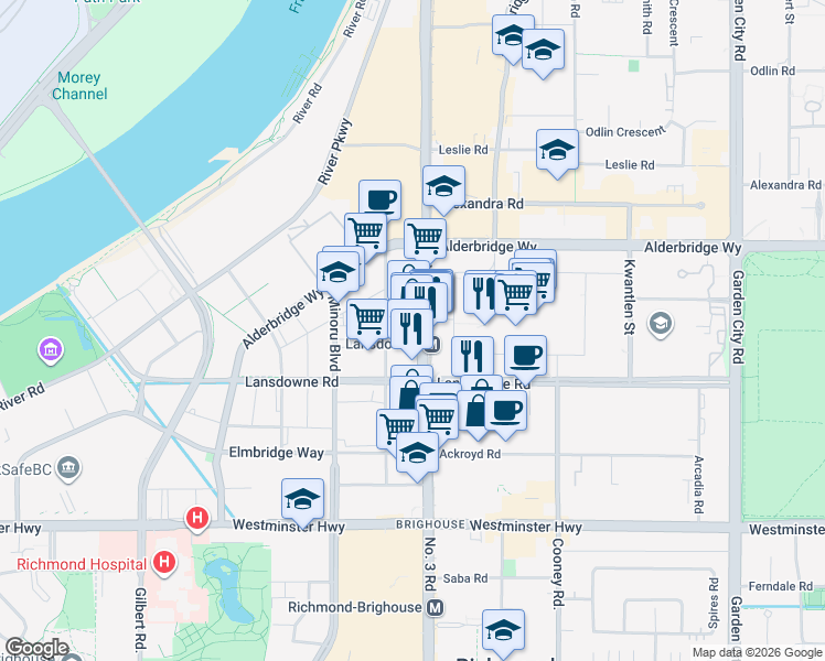 map of restaurants, bars, coffee shops, grocery stores, and more near 5551 Number 3 Road in Richmond