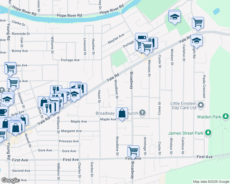map of restaurants, bars, coffee shops, grocery stores, and more near 9531 Woodbine Street in Chilliwack