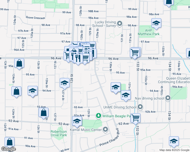 map of restaurants, bars, coffee shops, grocery stores, and more near 9473 Prince Charles Boulevard in Surrey