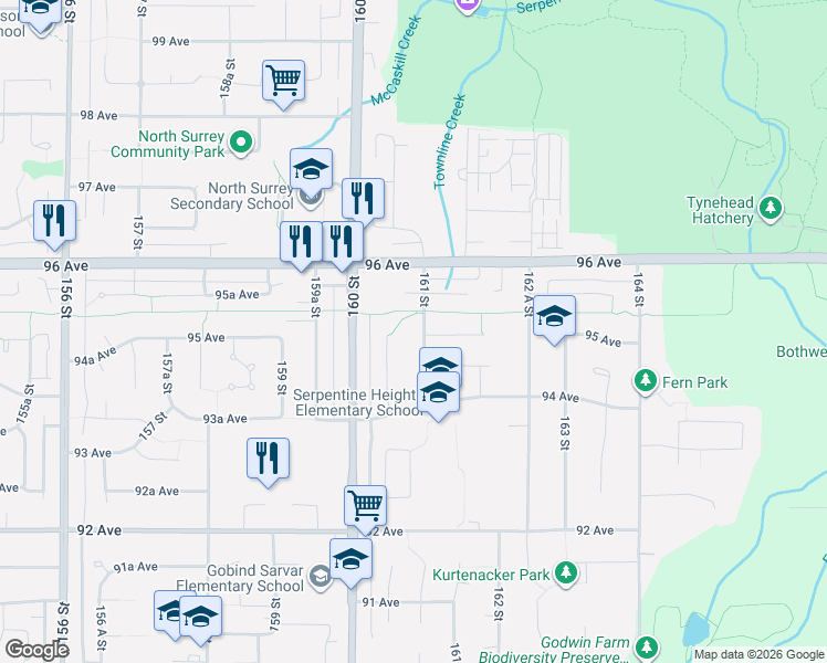 map of restaurants, bars, coffee shops, grocery stores, and more near 9505 161 Street in Surrey