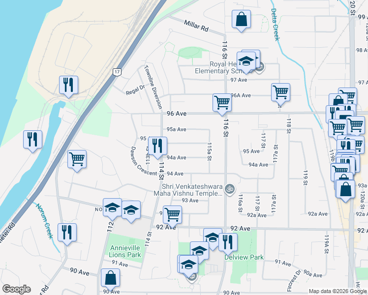 map of restaurants, bars, coffee shops, grocery stores, and more near 11470 95 Avenue in Delta