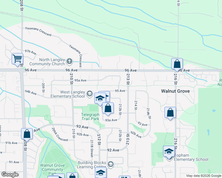 map of restaurants, bars, coffee shops, grocery stores, and more near 21229 95 Avenue in Langley