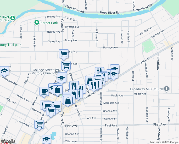 map of restaurants, bars, coffee shops, grocery stores, and more near 9488 Victor Street in Chilliwack