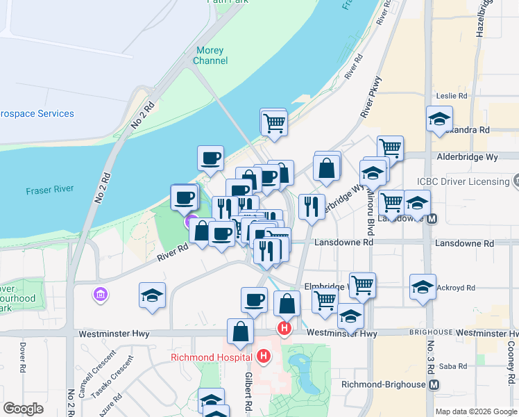 map of restaurants, bars, coffee shops, grocery stores, and more near 6900 Pearson Way in Richmond