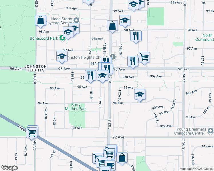 map of restaurants, bars, coffee shops, grocery stores, and more near in Surrey
