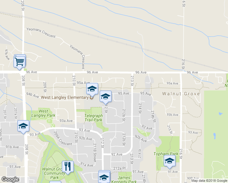 map of restaurants, bars, coffee shops, grocery stores, and more near 21229 95 Avenue in Langley