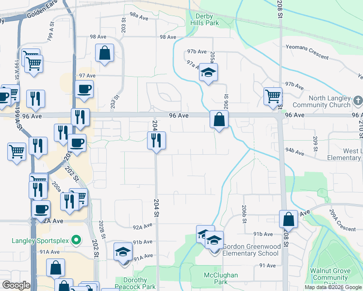 map of restaurants, bars, coffee shops, grocery stores, and more near 9494 204B Street in Langley Township