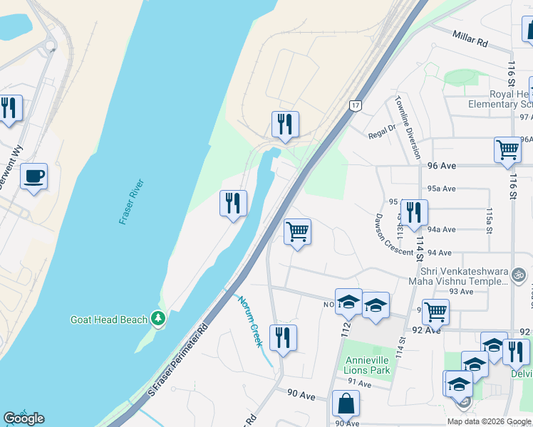 map of restaurants, bars, coffee shops, grocery stores, and more near 9505 Gunderson Road in Delta