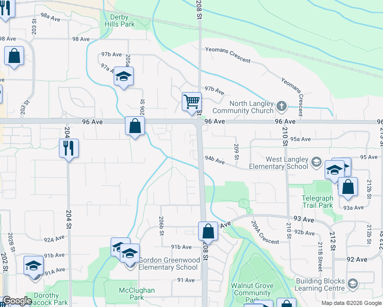 map of restaurants, bars, coffee shops, grocery stores, and more near 9507 208 Street in Langley Township