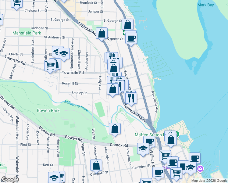 map of restaurants, bars, coffee shops, grocery stores, and more near 312 Mount Benson Street in Nanaimo