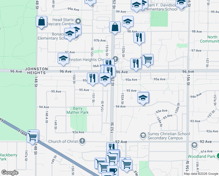 map of restaurants, bars, coffee shops, grocery stores, and more near 9509 152 Street in Surrey