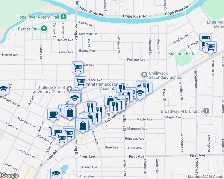 map of restaurants, bars, coffee shops, grocery stores, and more near 46167 Cleveland Avenue in Chilliwack