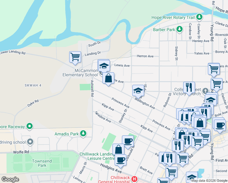 map of restaurants, bars, coffee shops, grocery stores, and more near 45472 Wellington Avenue in Chilliwack