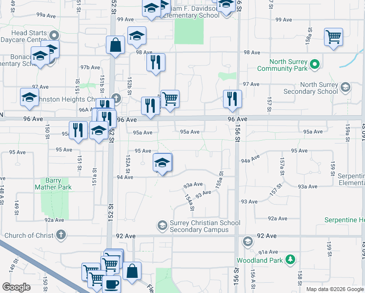 map of restaurants, bars, coffee shops, grocery stores, and more near 15429 95 Avenue in Surrey