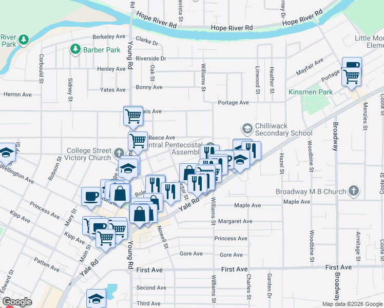 map of restaurants, bars, coffee shops, grocery stores, and more near 46167 Cleveland Avenue in Chilliwack