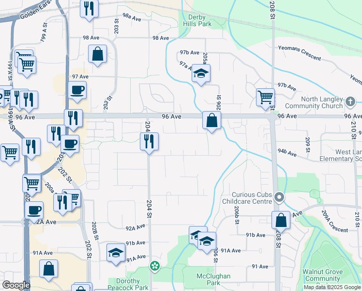 map of restaurants, bars, coffee shops, grocery stores, and more near 9503 205A Street in Langley Township