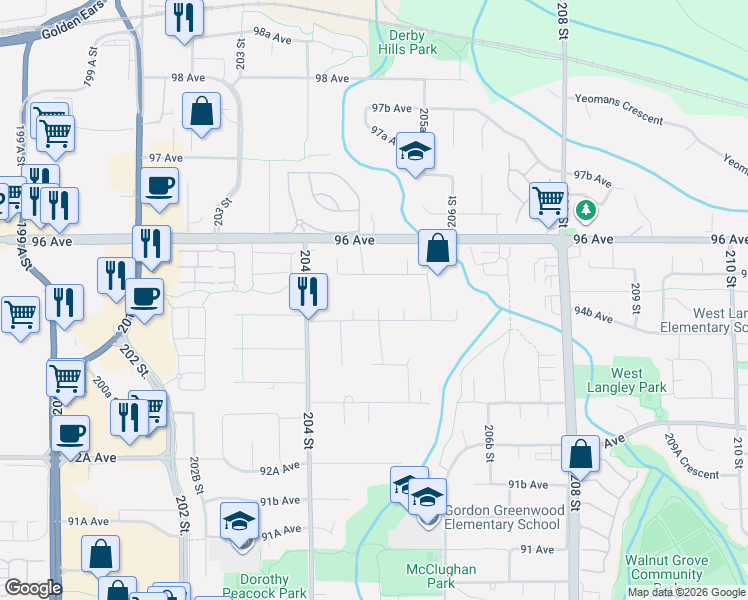 map of restaurants, bars, coffee shops, grocery stores, and more near 9503 205A Street in Langley Township