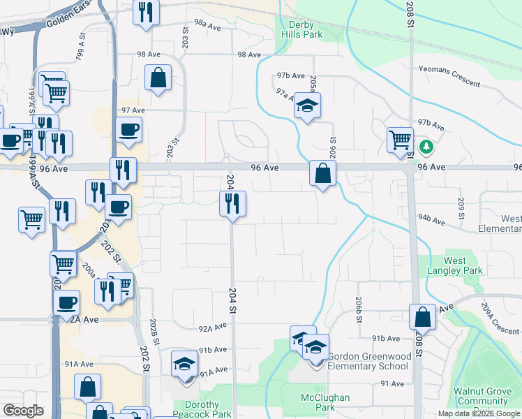 map of restaurants, bars, coffee shops, grocery stores, and more near in Langley Township