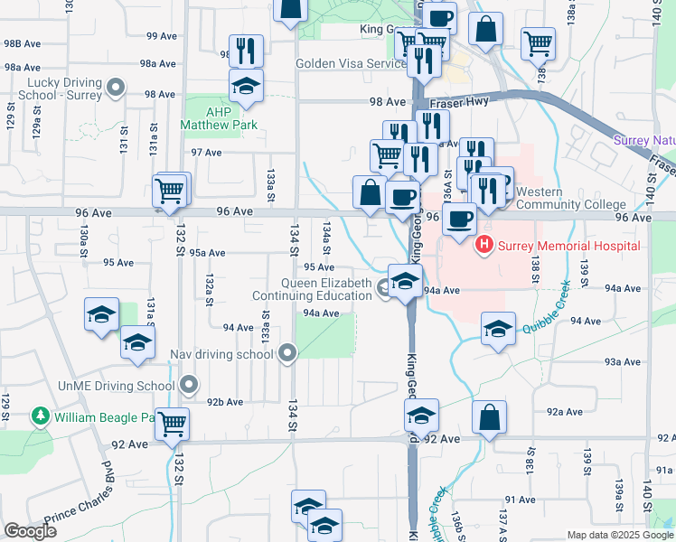 map of restaurants, bars, coffee shops, grocery stores, and more near 13458 95 Avenue in Surrey