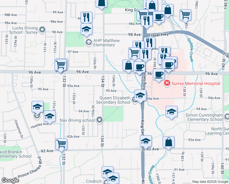 map of restaurants, bars, coffee shops, grocery stores, and more near 13458 95 Avenue in Surrey