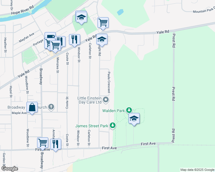 map of restaurants, bars, coffee shops, grocery stores, and more near 9543 Paula Crescent in Chilliwack