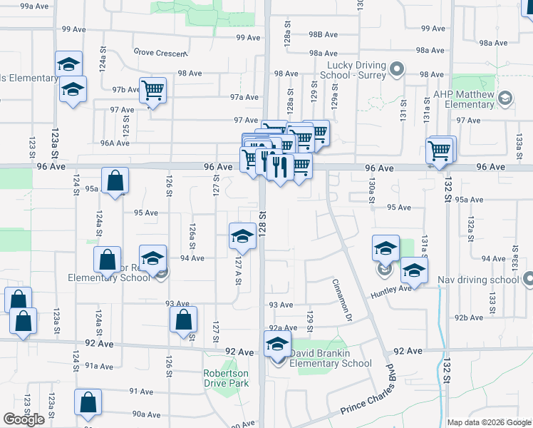 map of restaurants, bars, coffee shops, grocery stores, and more near 9480 128 Street in Surrey