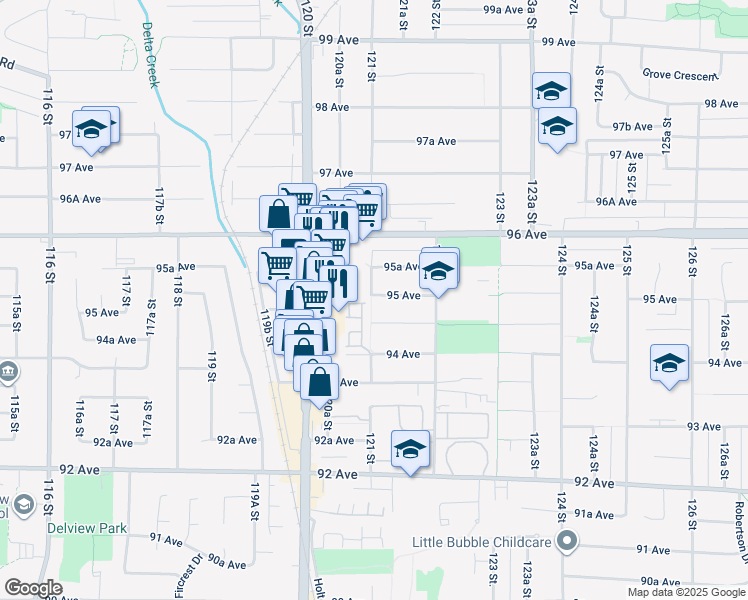 map of restaurants, bars, coffee shops, grocery stores, and more near 9517 121 Street in Surrey