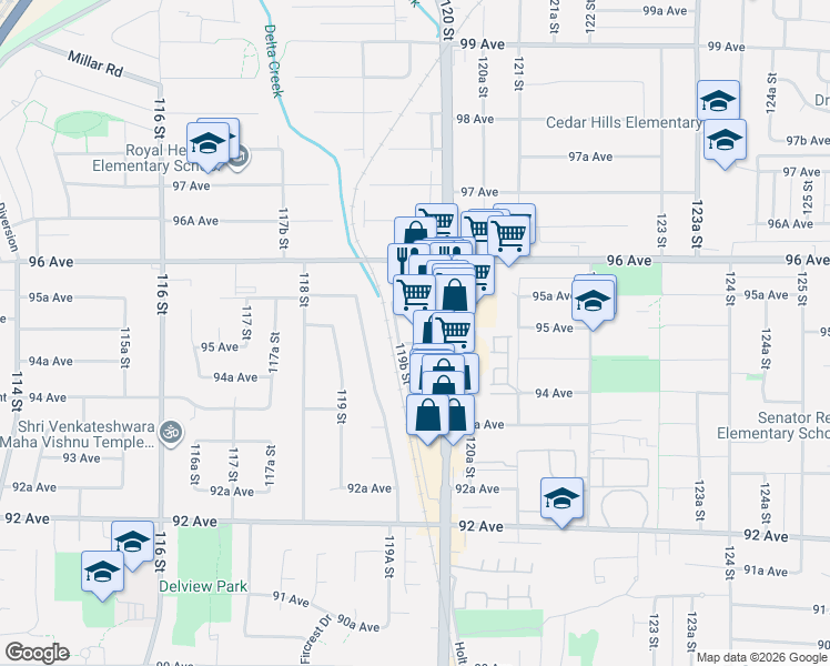 map of restaurants, bars, coffee shops, grocery stores, and more near 11955 95 Avenue in Delta