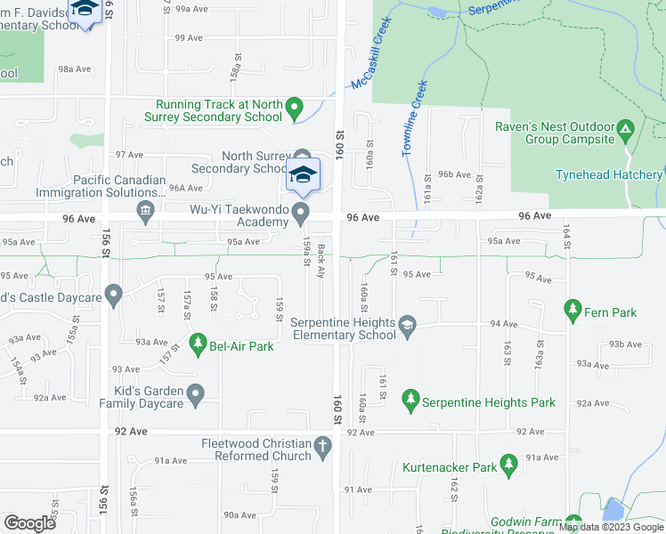 map of restaurants, bars, coffee shops, grocery stores, and more near 9511 160 Street in Surrey
