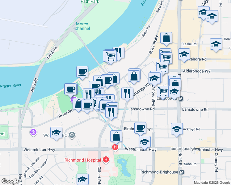 map of restaurants, bars, coffee shops, grocery stores, and more near 5233 Gilbert Road in Richmond