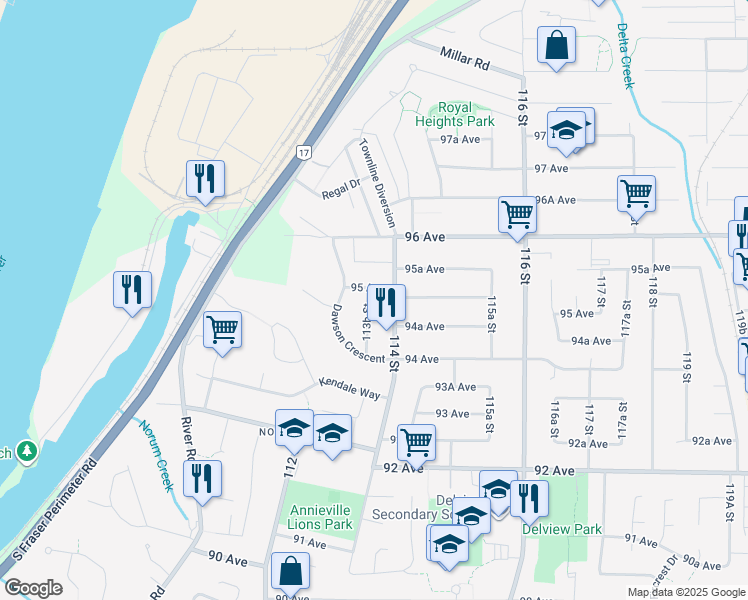 map of restaurants, bars, coffee shops, grocery stores, and more near 9492 113B Street in Delta