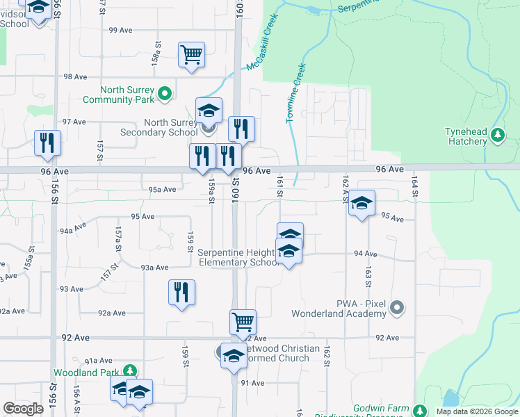 map of restaurants, bars, coffee shops, grocery stores, and more near 9496 160A Street in Surrey