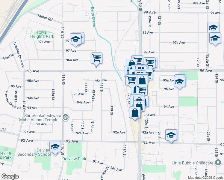 map of restaurants, bars, coffee shops, grocery stores, and more near 9498 119 Street in Delta