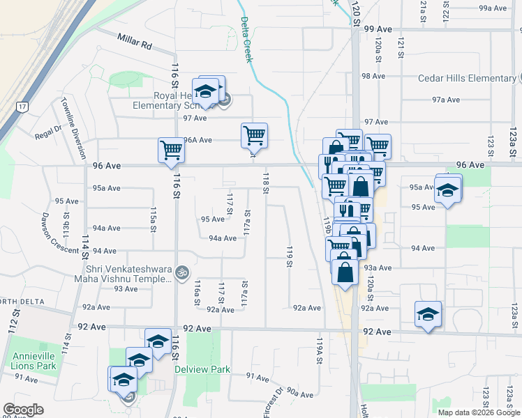 map of restaurants, bars, coffee shops, grocery stores, and more near 9497 118 Street in Delta